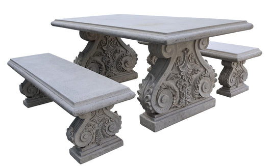 AFD Home Outdoor Table Classic Acanthus Garden Table and Bench set of 3