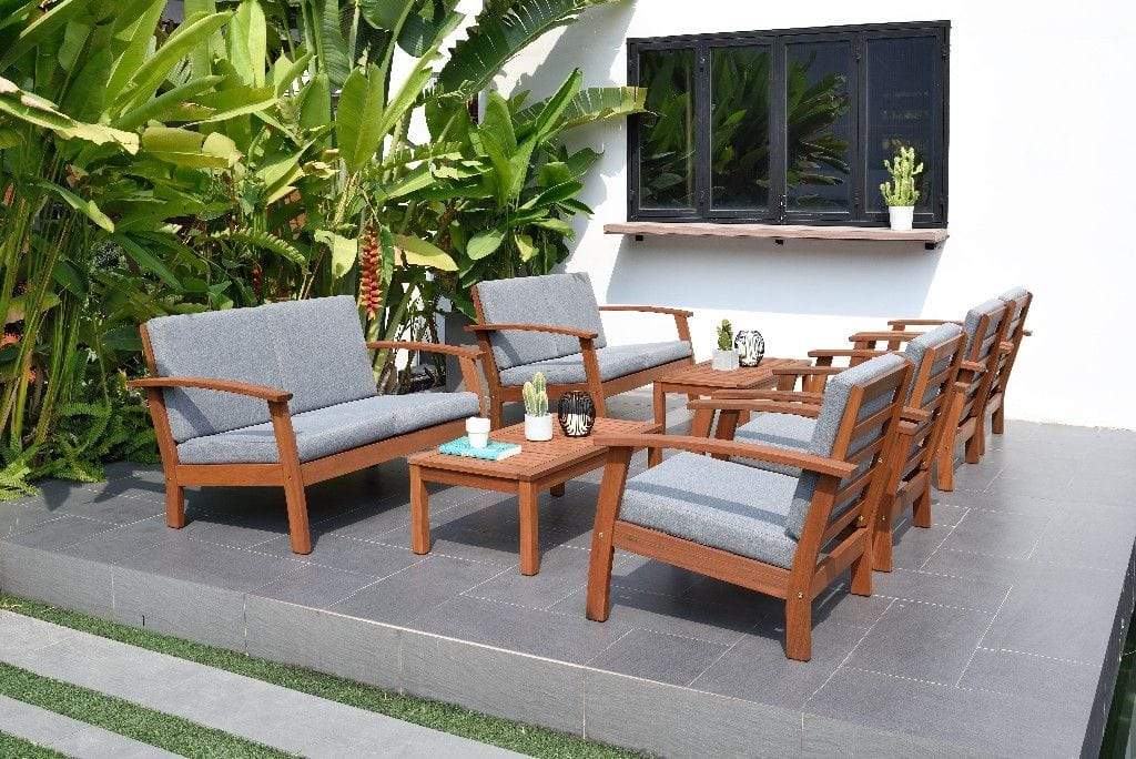 Amazonia Conversation Set Amazonia Prescott Patio 8-Piece Deluxe Conversation Set | Durable Eucalyptus with Teak Finish | Ideal for Indoors and Outdoors | Comfortable with Grey Cushions