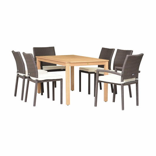 Amazonia Outdoor Teak Dining Set Amazonia Wilshire 7 Piece Rectangular Eucalyptus Patio Dining set | Teak Finish and Brown Wicker Chairs with cushions| Durable and Ideal for Indoors and Outdoors