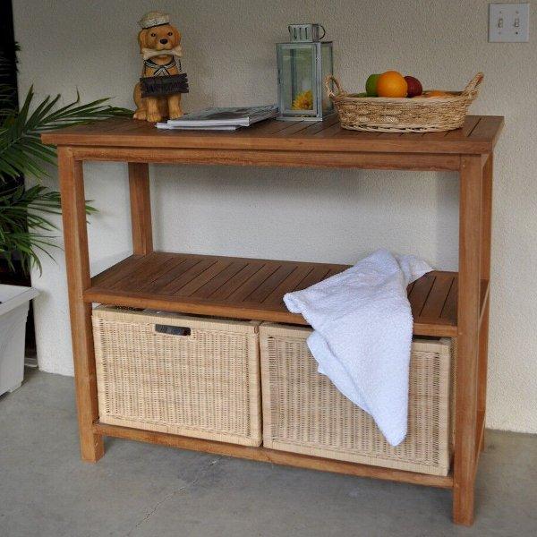 Anderson Teak Outdoor Dining Table Anderson Teak Towel Console w/ 2 Shelves Table