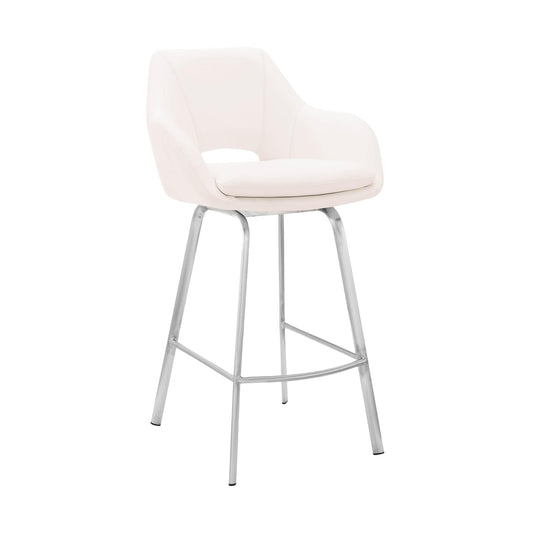 Armen Living Bar Stool Armen Living | Aura White Faux Leather and Brushed Stainless Steel Swivel 30" Bar Stool | LCAUBABSWH30