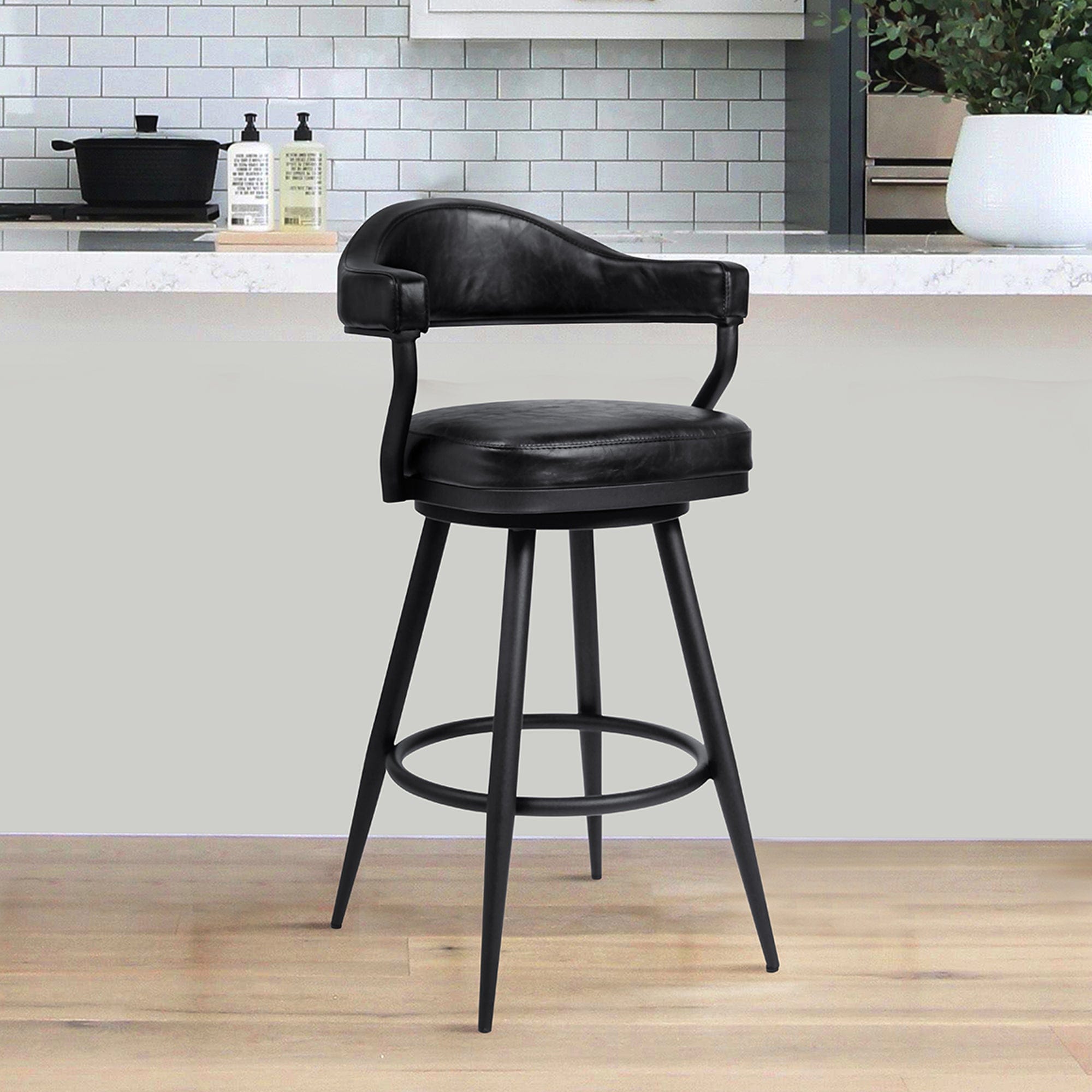 Armen Living Barstool Armen Living | Amador 26" Counter Height Barstool in a Black Powder Coated Finish and Vintage Black Faux Leather | 721535746965