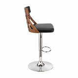 Armen Living Barstool Armen Living | Angelo Adjustable Swivel Black Faux Leather & Walnut Wood Bar Stool with Chrome Base | LCAOBAWABL