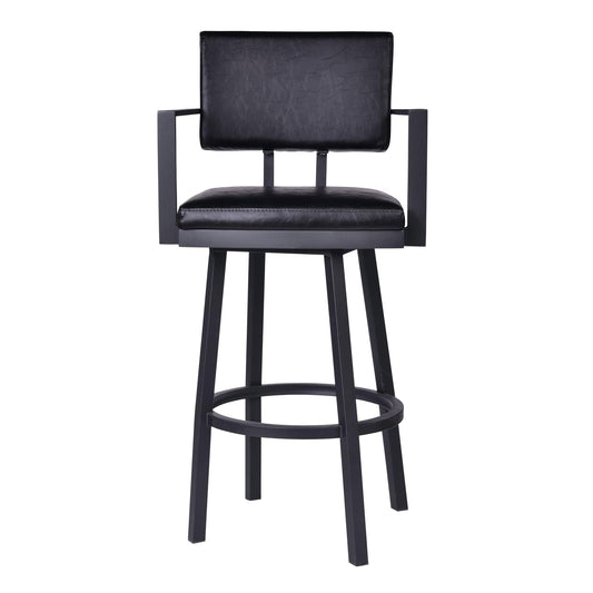 Armen Living Barstool Armen Living | Balboa 30" Bar Height Swivel Vintage Black Faux Leather and Metal Bar Stool with Arms | LCBBARBABLVB30