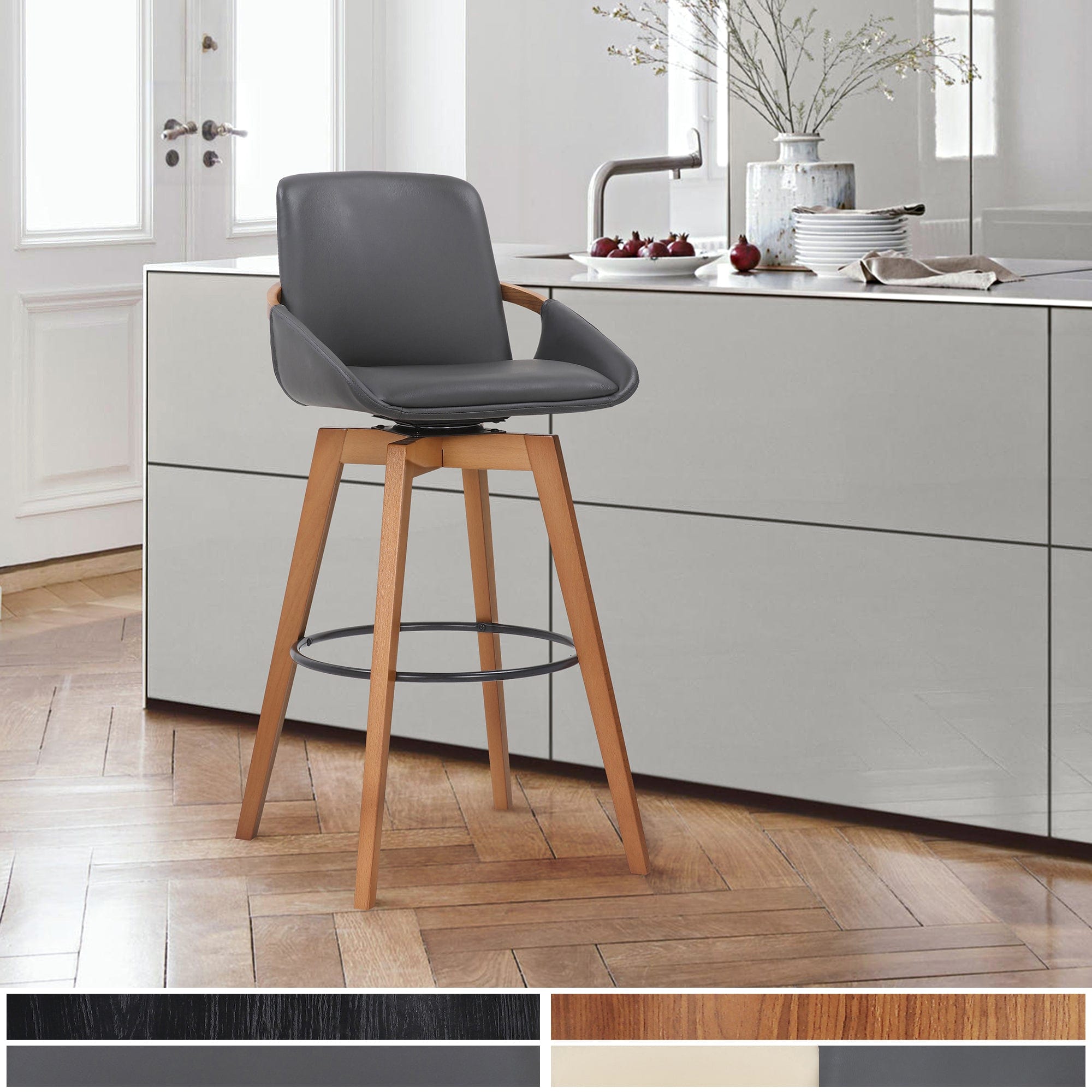 Armen Living Barstool Armen Living | Baylor 30" Gray Faux Leather and Walnut Wood Swivel Bar Stool | LCBABAWAGR30