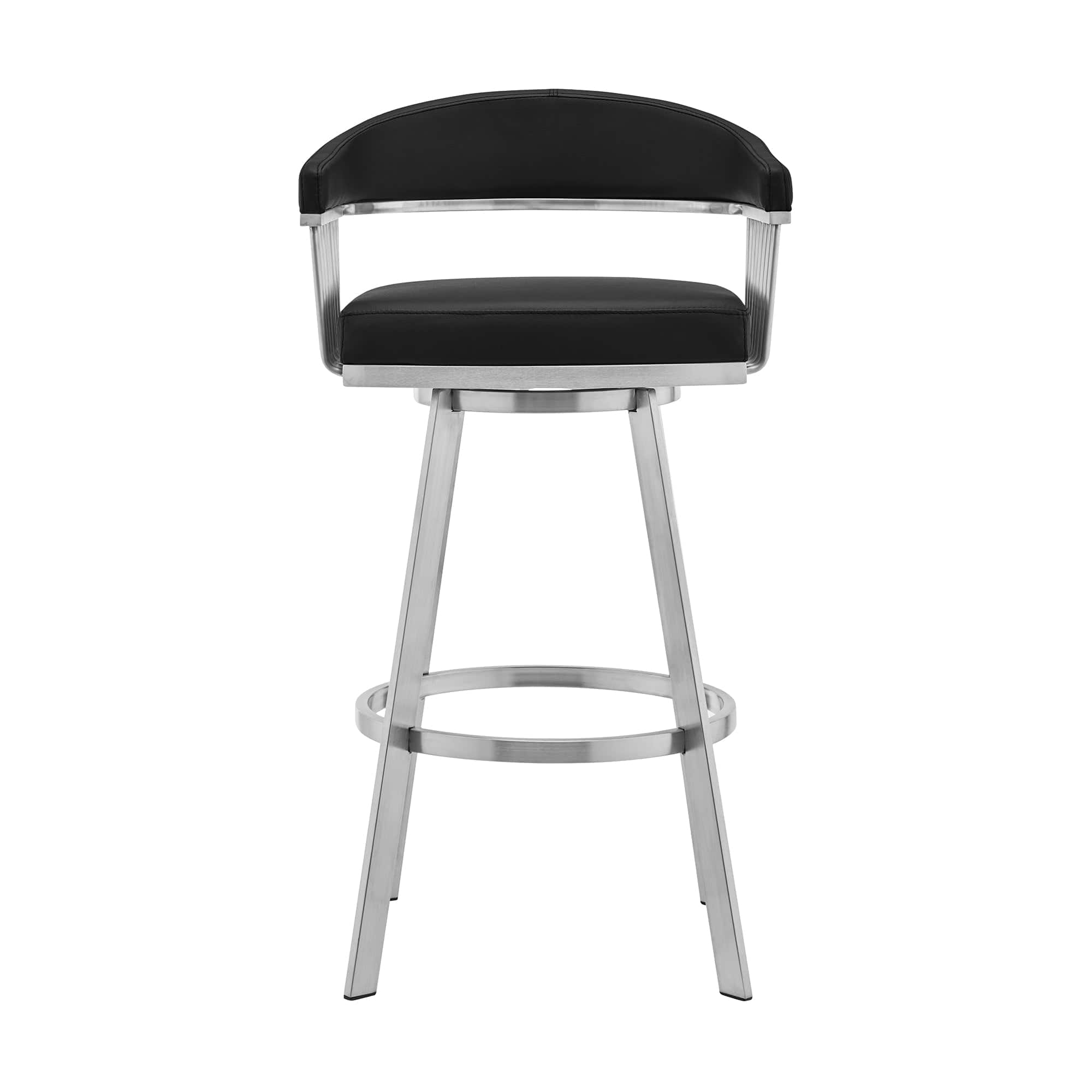 Armen Living Barstool Armen Living | Bronson 25" Black Faux Leather and Brushed Stainless Steel Swivel Bar Stool | 721535762200