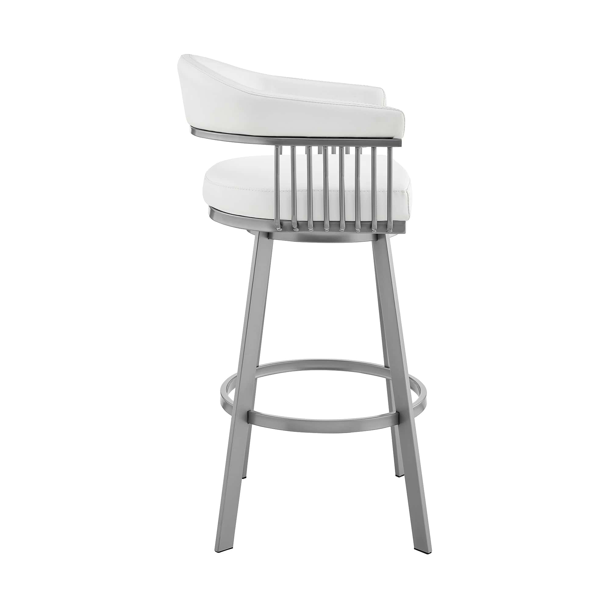 Armen Living Barstool Armen Living - Bronson 25" Counter Height Swivel Bar Stool in Silver Finish and White Faux Leather | 721535761906