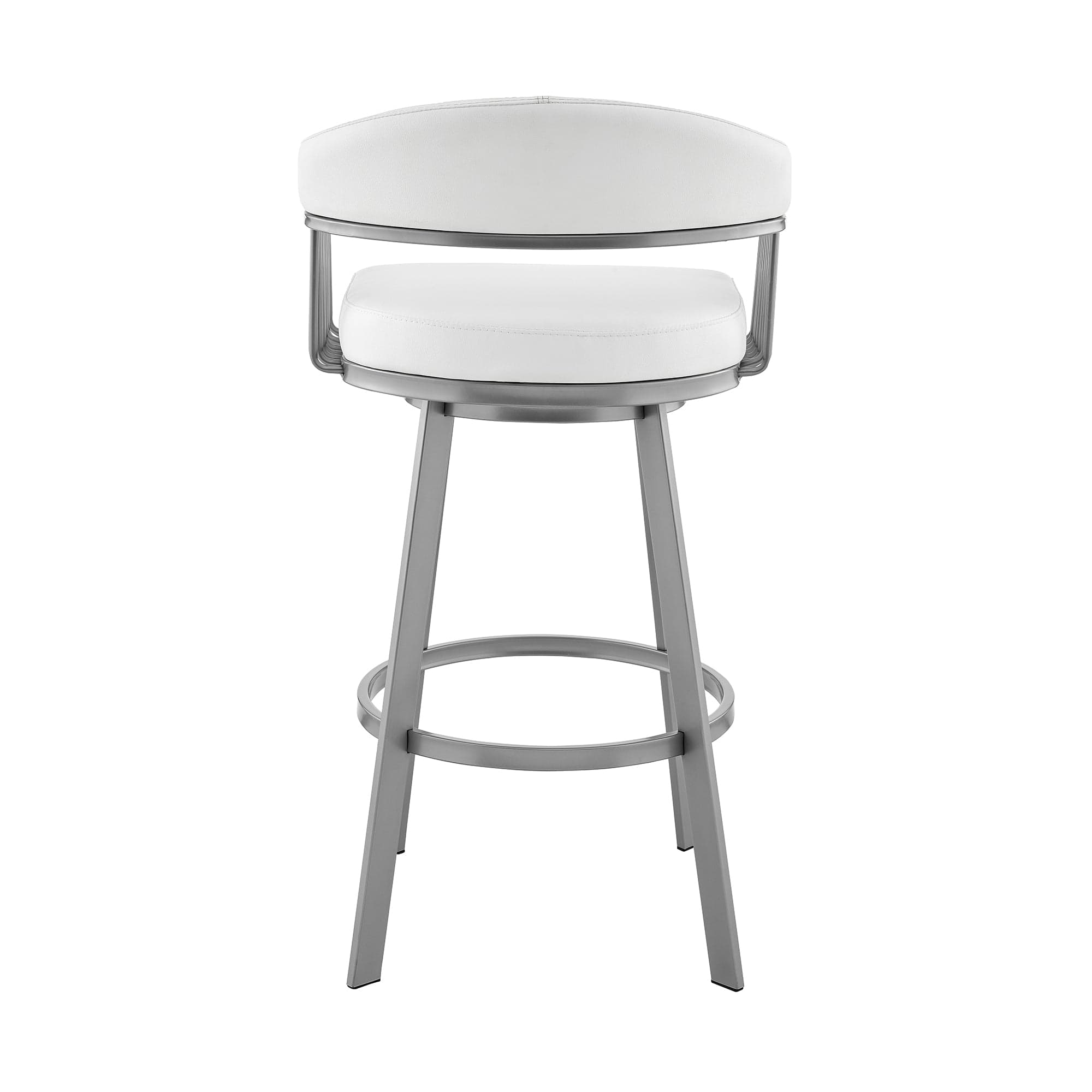 Armen Living Barstool Armen Living - Bronson 25" Counter Height Swivel Bar Stool in Silver Finish and White Faux Leather | 721535761906