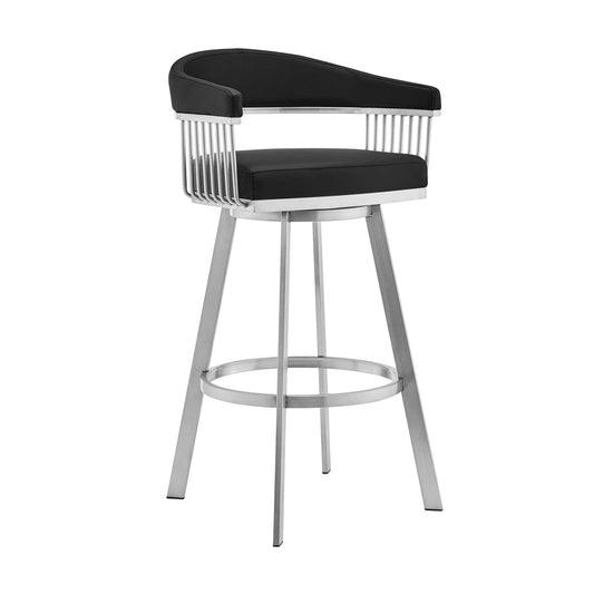 Armen Living Barstool Armen Living | Bronson 29" Black Faux Leather and Brushed Stainless Steel Swivel Bar Stool | 721535762217