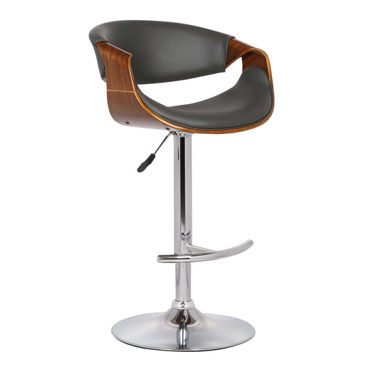 Armen Living Barstool Armen Living - Butterfly Adjustable Height Swivel Grey Faux Leather and Walnut Wood Bar Stool with Chrome Base | LCBUBAWAGRAY