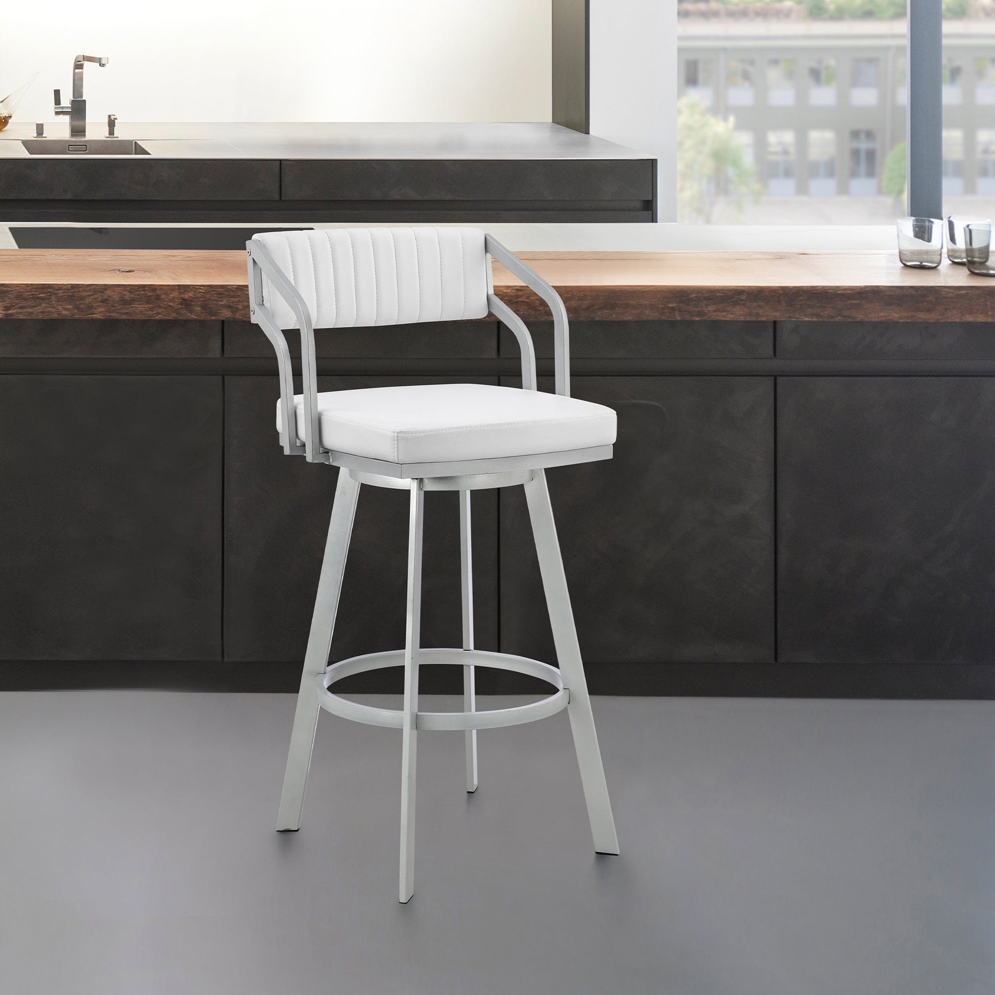 Armen Living Barstool Armen Living | Capri 30" Swivel White Faux Leather and Silver Metal Bar Stool | LCCPBASLWH30