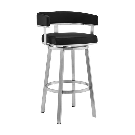 Armen Living Barstool Armen Living | Cohen 26" Black Faux Leather and Brushed Stainless Steel Swivel Bar Stool | 721535762149