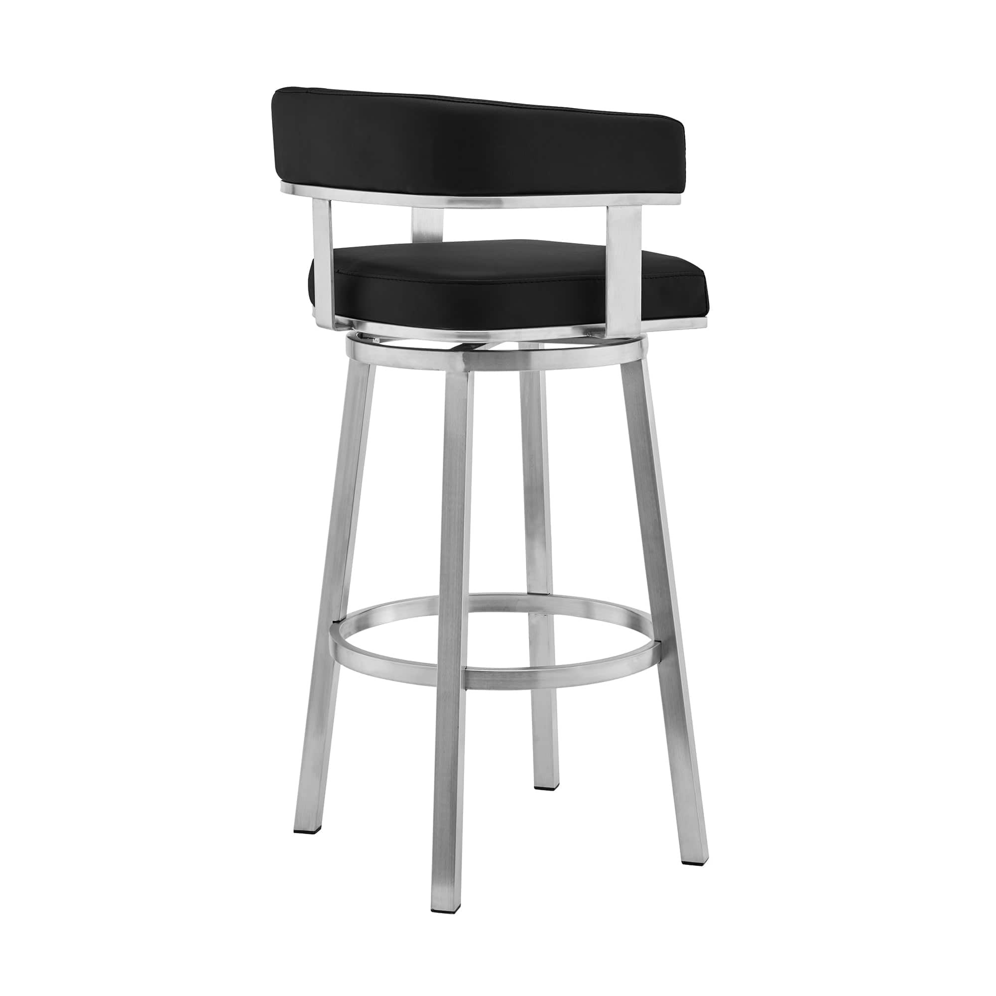 Armen Living Barstool Armen Living | Cohen 26" Black Faux Leather and Brushed Stainless Steel Swivel Bar Stool | 721535762149