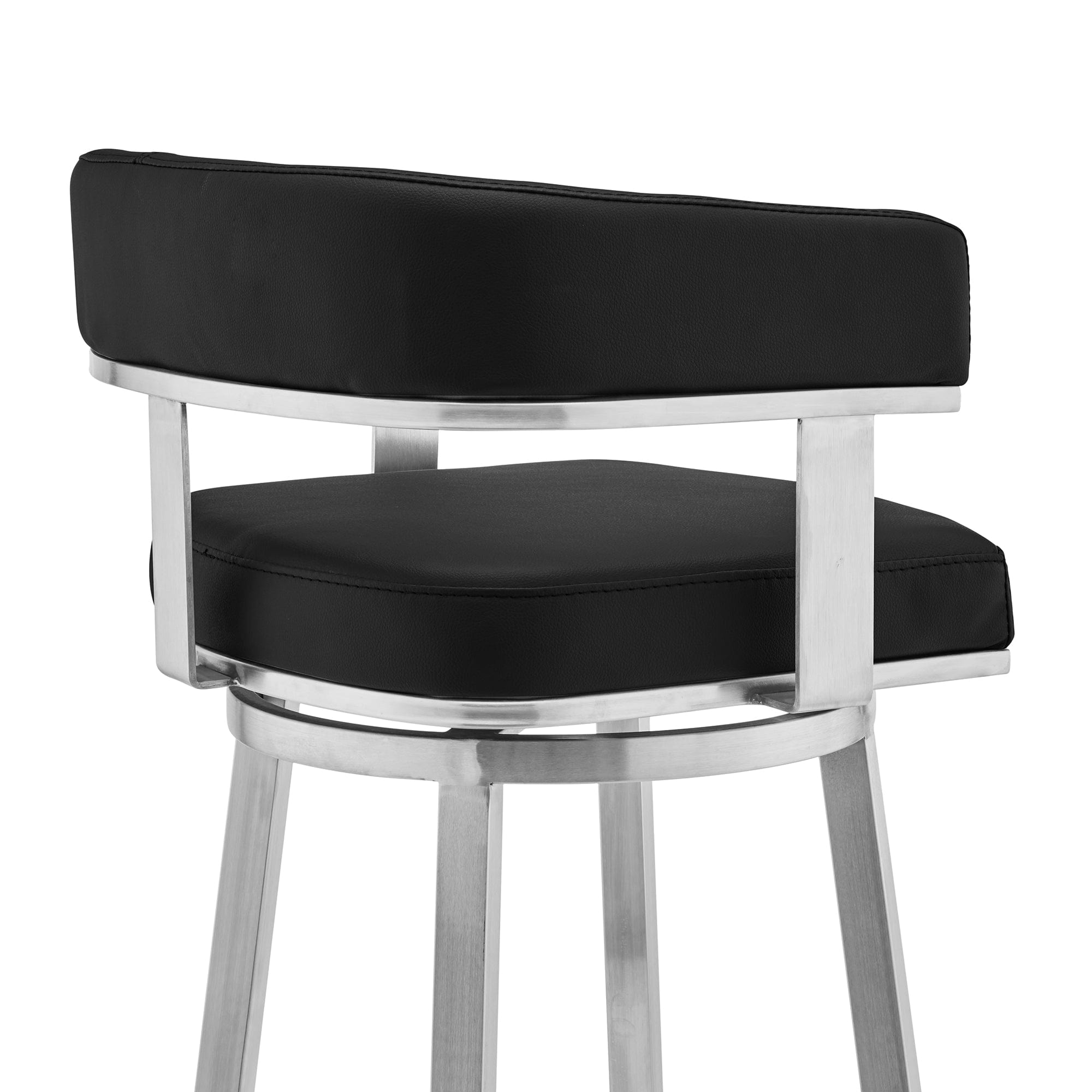 Armen Living Barstool Armen Living | Cohen 26" Black Faux Leather and Brushed Stainless Steel Swivel Bar Stool | 721535762149