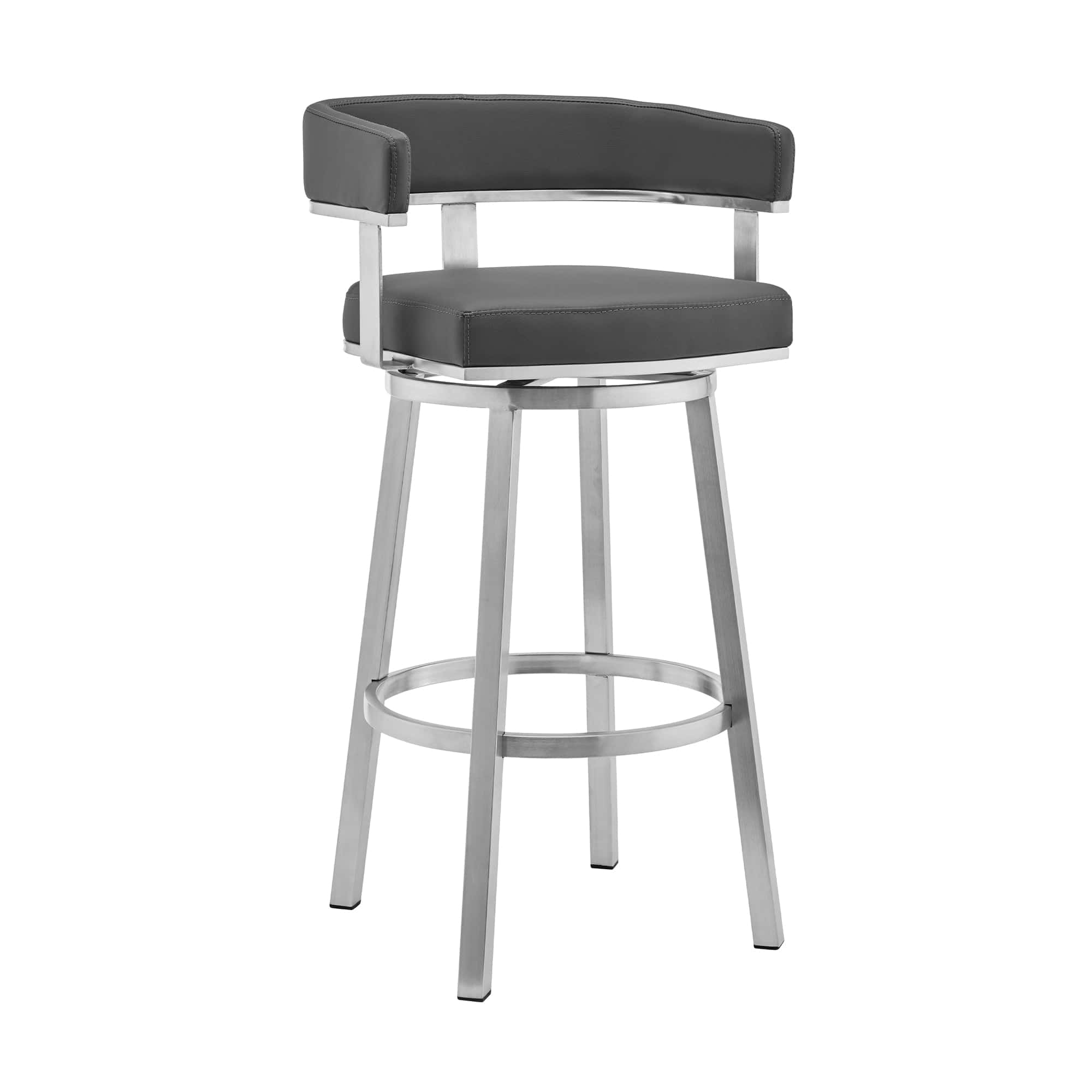 Armen Living Barstool Armen Living | Cohen 26" Gray Faux Leather and Brushed Stainless Steel Swivel Bar Stool | 721535762163