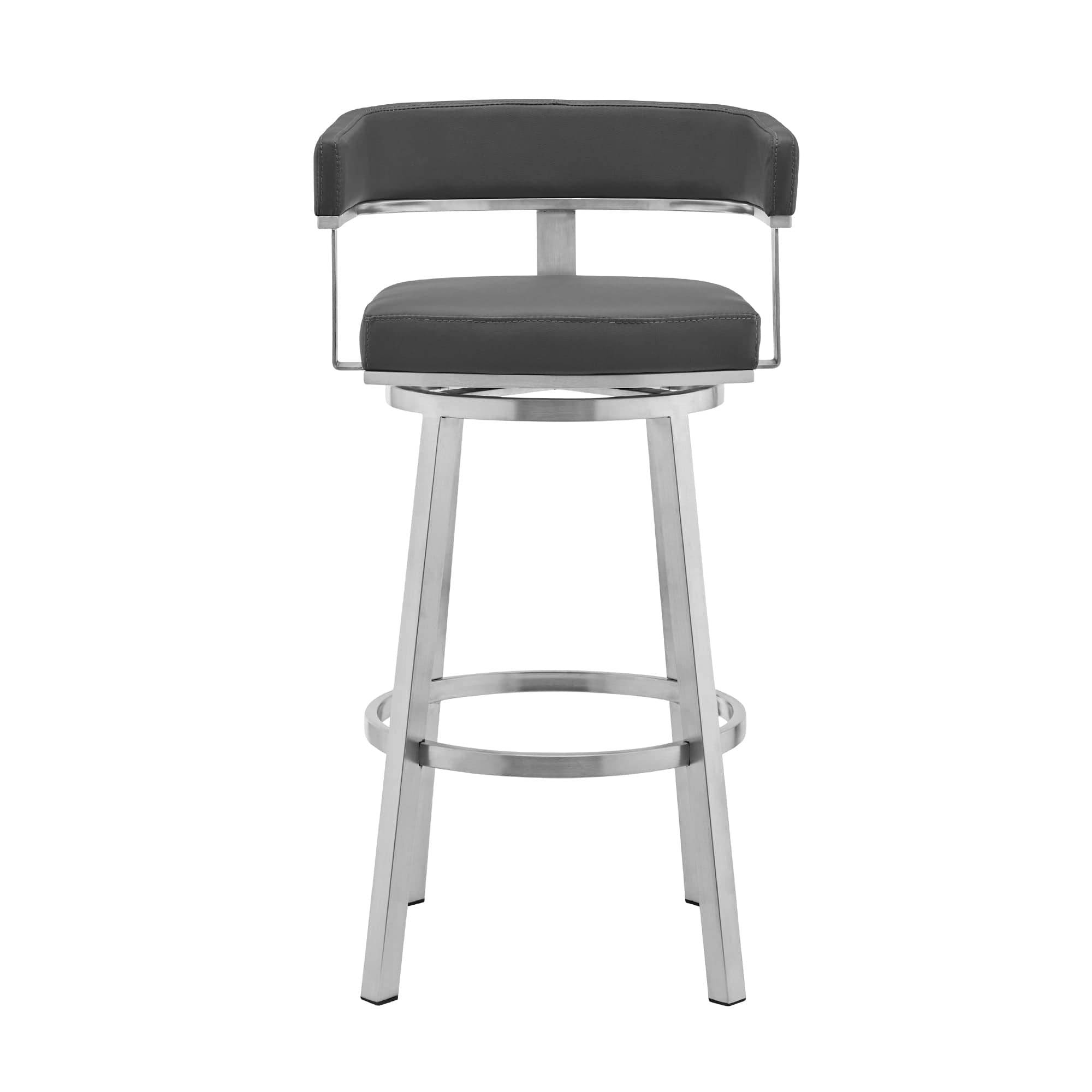 Armen Living Barstool Armen Living | Cohen 26" Gray Faux Leather and Brushed Stainless Steel Swivel Bar Stool | 721535762163