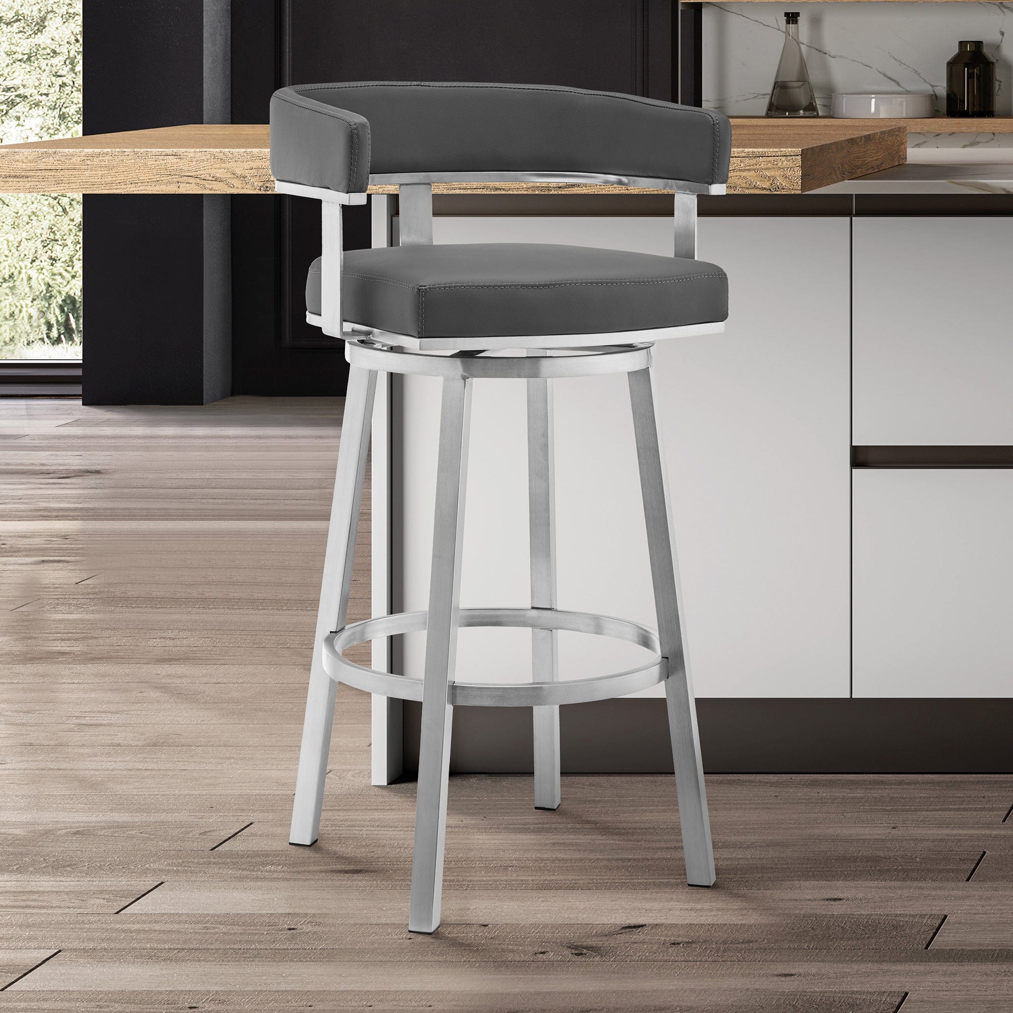 Armen Living Barstool Armen Living | Cohen 26" Gray Faux Leather and Brushed Stainless Steel Swivel Bar Stool | 721535762163