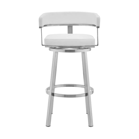 Armen Living Barstool Armen Living | Cohen 26" White Faux Leather and Brushed Stainless Steel Swivel Bar Stool | 721535762187