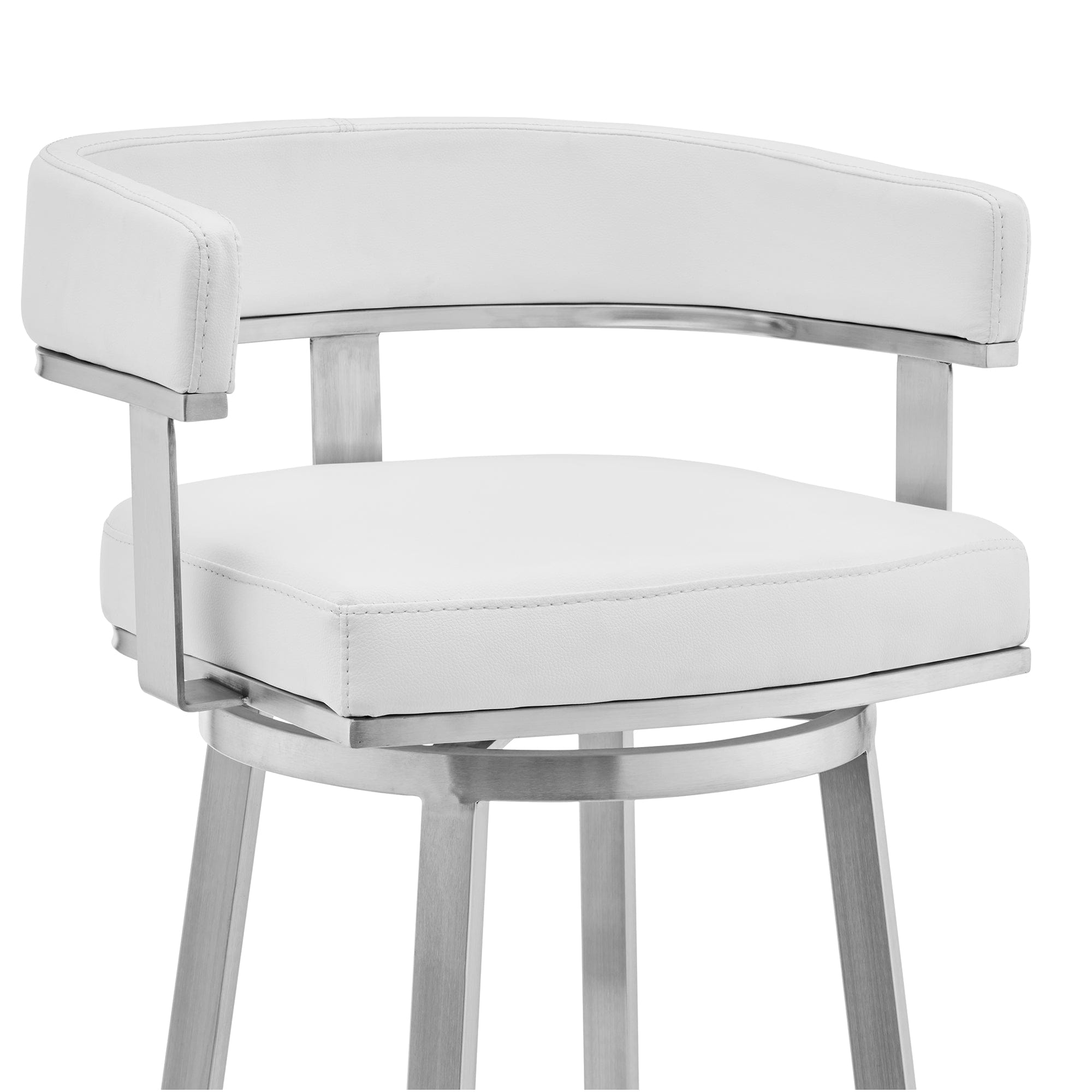 Armen Living Barstool Armen Living | Cohen 26" White Faux Leather and Brushed Stainless Steel Swivel Bar Stool | 721535762187