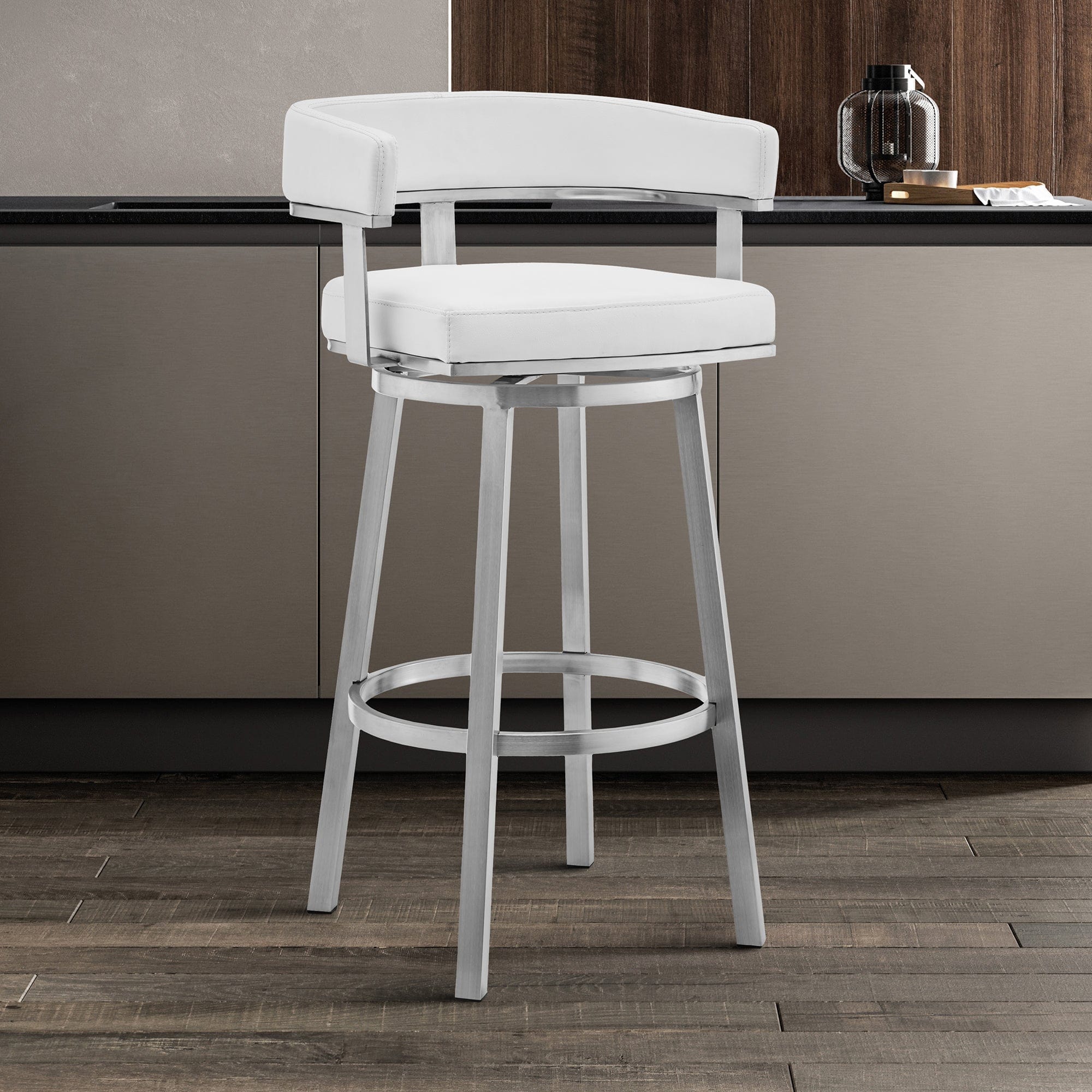 Armen Living Barstool Armen Living | Cohen 26" White Faux Leather and Brushed Stainless Steel Swivel Bar Stool | 721535762187