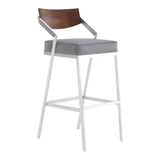 Armen Living Barstool Armen Living | Dakota Mid-Century 30" Counter Height Barstool in Brushed Stainless Steel with Gray Faux Leather and Walnut Wood Finish Back | LCDKBABSGR30