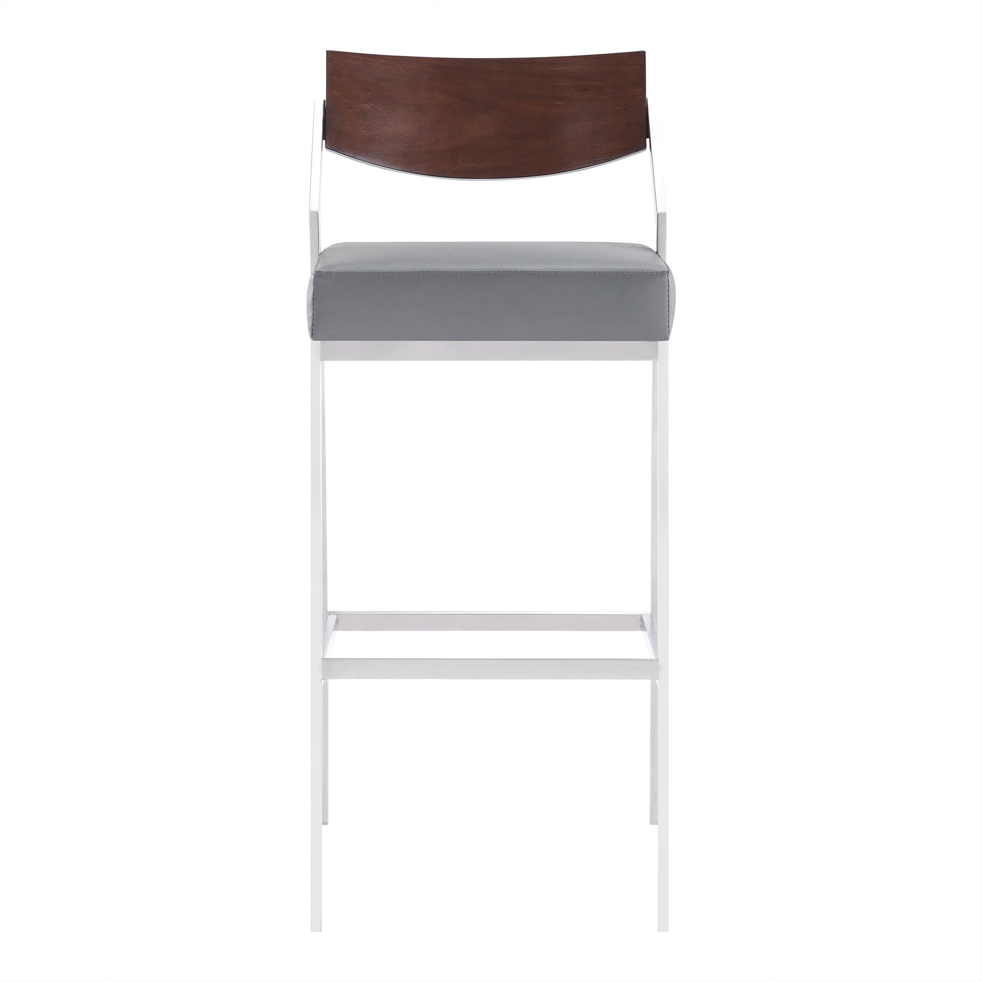 Armen Living Barstool Armen Living | Dakota Mid-Century 30" Counter Height Barstool in Brushed Stainless Steel with Gray Faux Leather and Walnut Wood Finish Back | LCDKBABSGR30