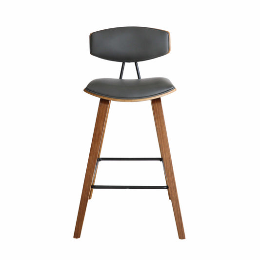 Armen Living Barstool Armen Living | Fox 25.5" Counter Height Grey Faux Leather and Walnut Wood Mid-Century Modern Bar Stool | LCFOBAWAGR26