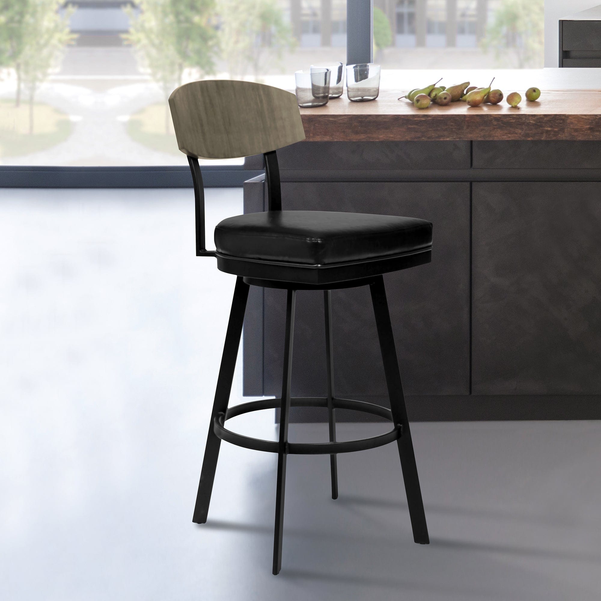 Armen Living Barstool Armen Living - Frisco 26" Counter Height Barstool in Matte Black Finish with Black Faux Leather and Gray Walnut | LCFRBAGWVB26