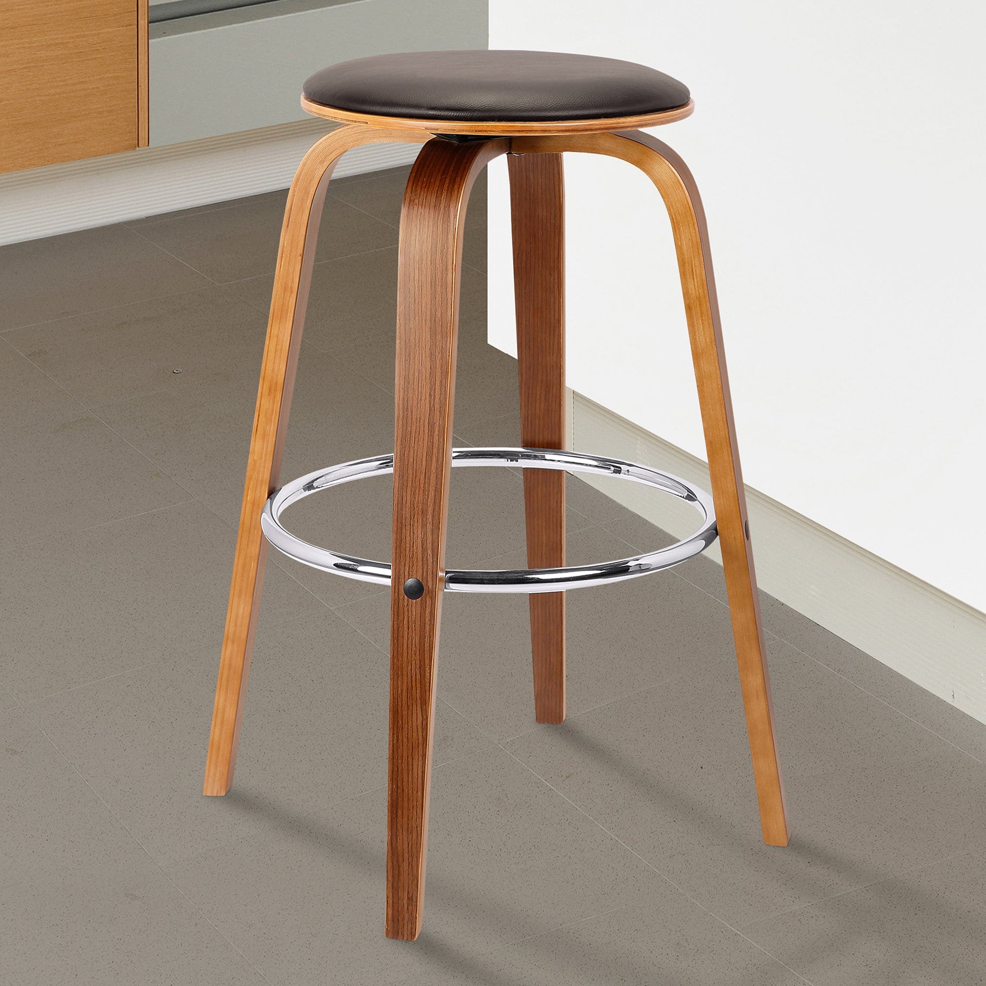 Armen Living Barstool Armen Living | Harbor 26" Counter Height Backless Swivel Brown Faux Leather and Walnut Wood Mid-Century Modern Bar Stool | LCHBBABRWA26