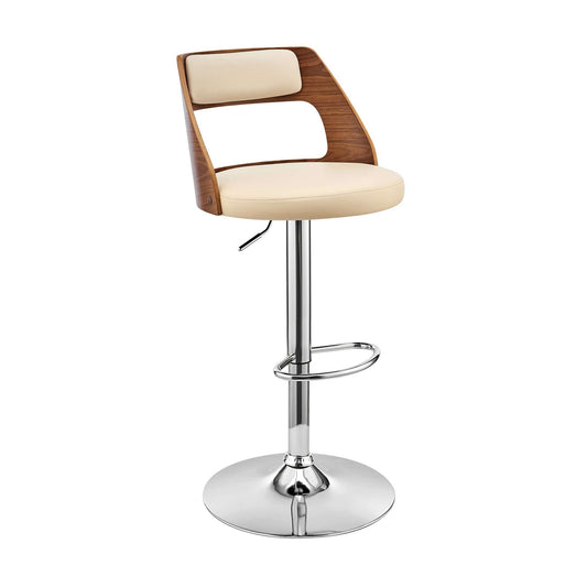 Armen Living Barstool Armen Living | Itzan Adjustable Swivel Cream Faux Leather and Walnut Wood Bar Stool with Chrome Base | LCITBAWACR