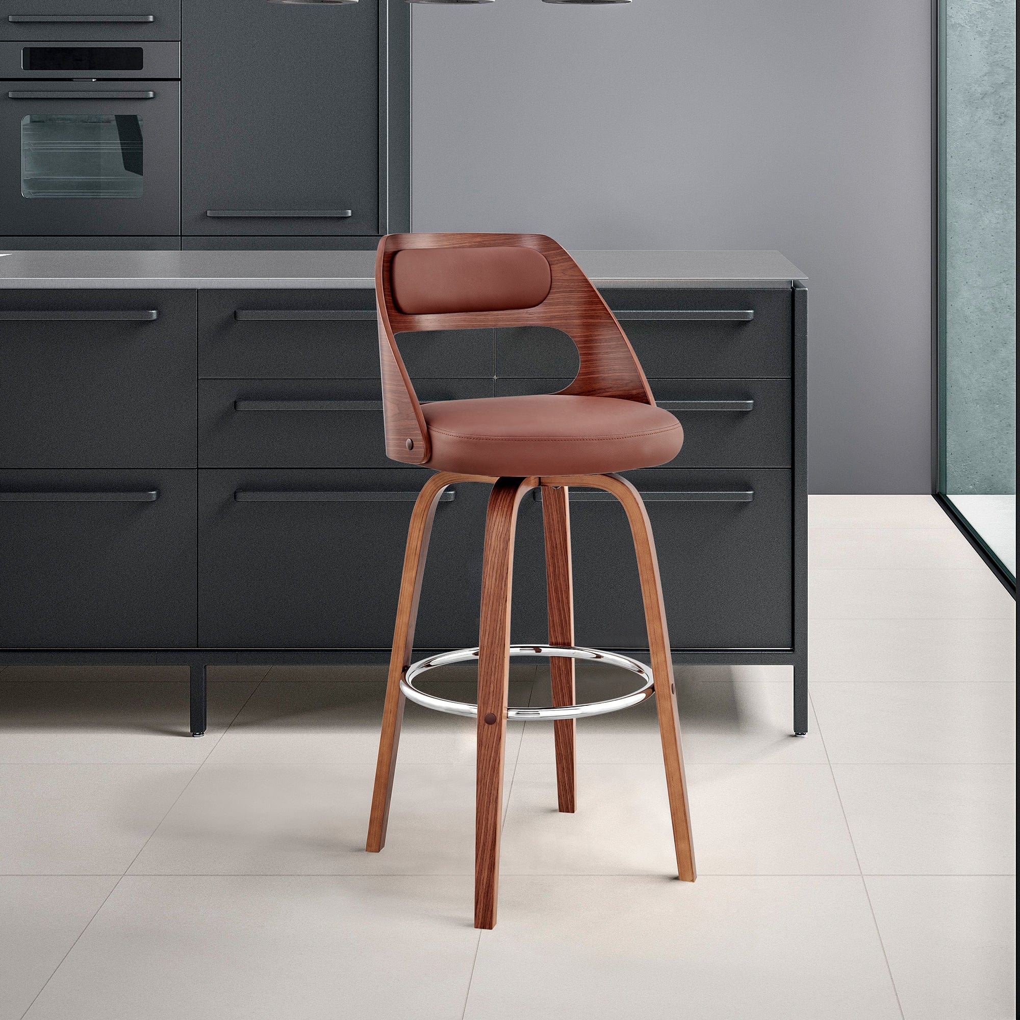 Armen Living Barstool Armen Living - Julius 26" Gray Faux Leather and Walnut Wood Bar Stool | LCJUBAWAGR26