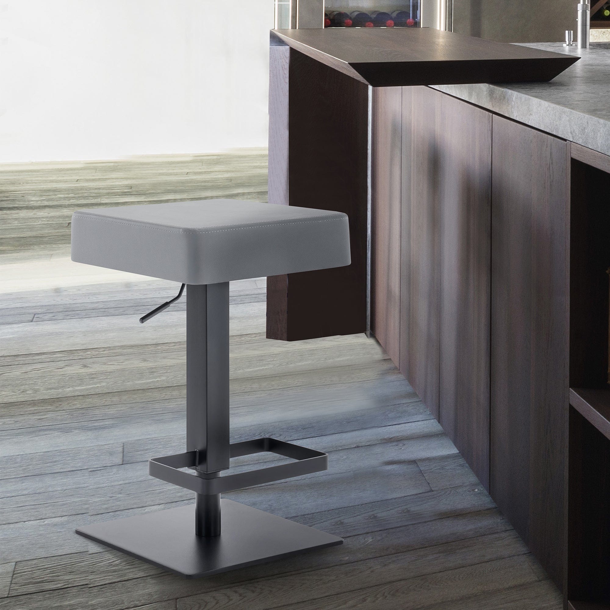 Armen Living Barstool Armen Living - Kaylee Adjustable Height Swivel Grey Faux Leather and Brushed Stainless Steel Backless Bar Stool | LCKLSWBABSGR