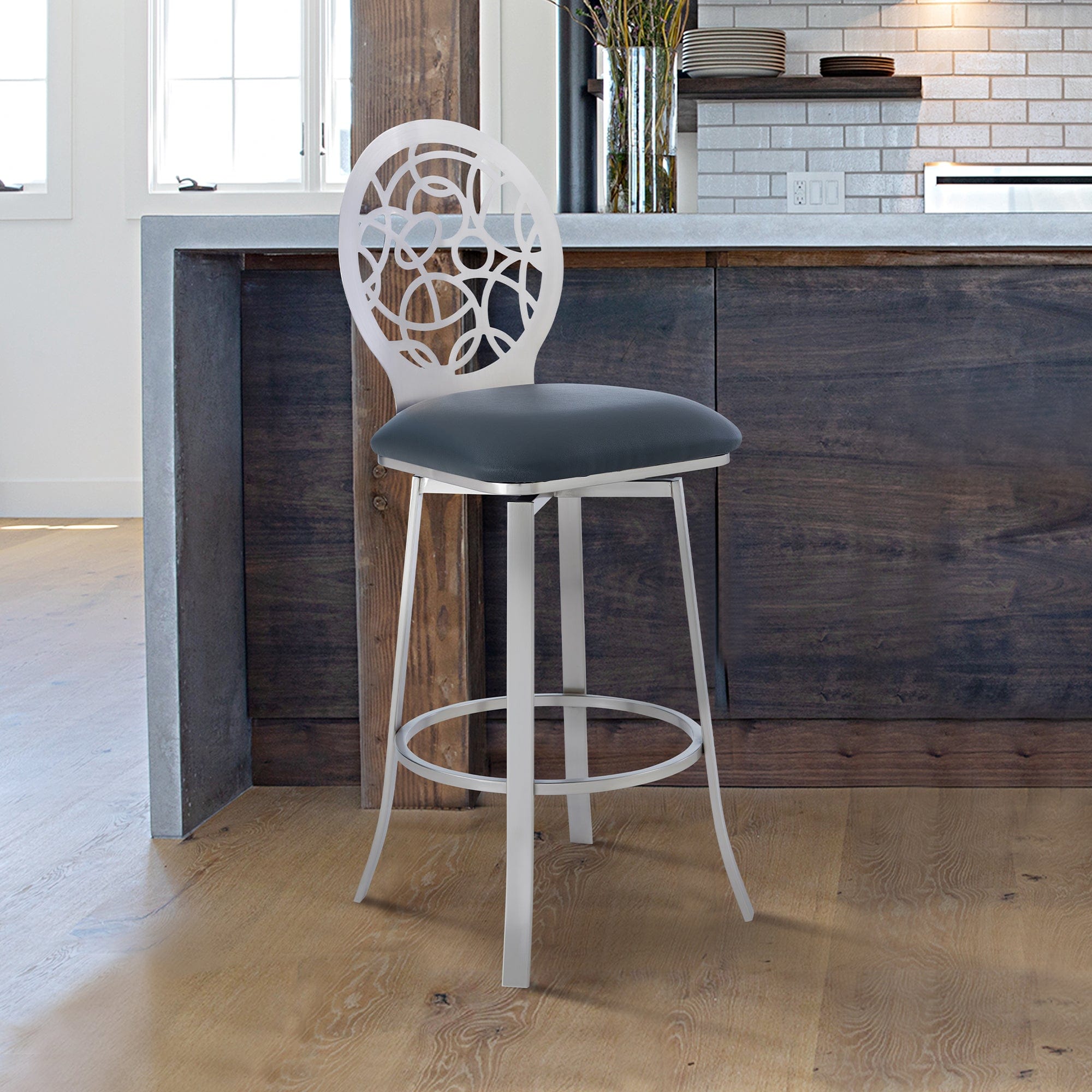 Armen Living Barstool Armen Living - Lotus Contemporary 30" Bar Height Barstool in Brushed Stainless Steel Finish and Gray Faux Leather | LCLTBABSGR30