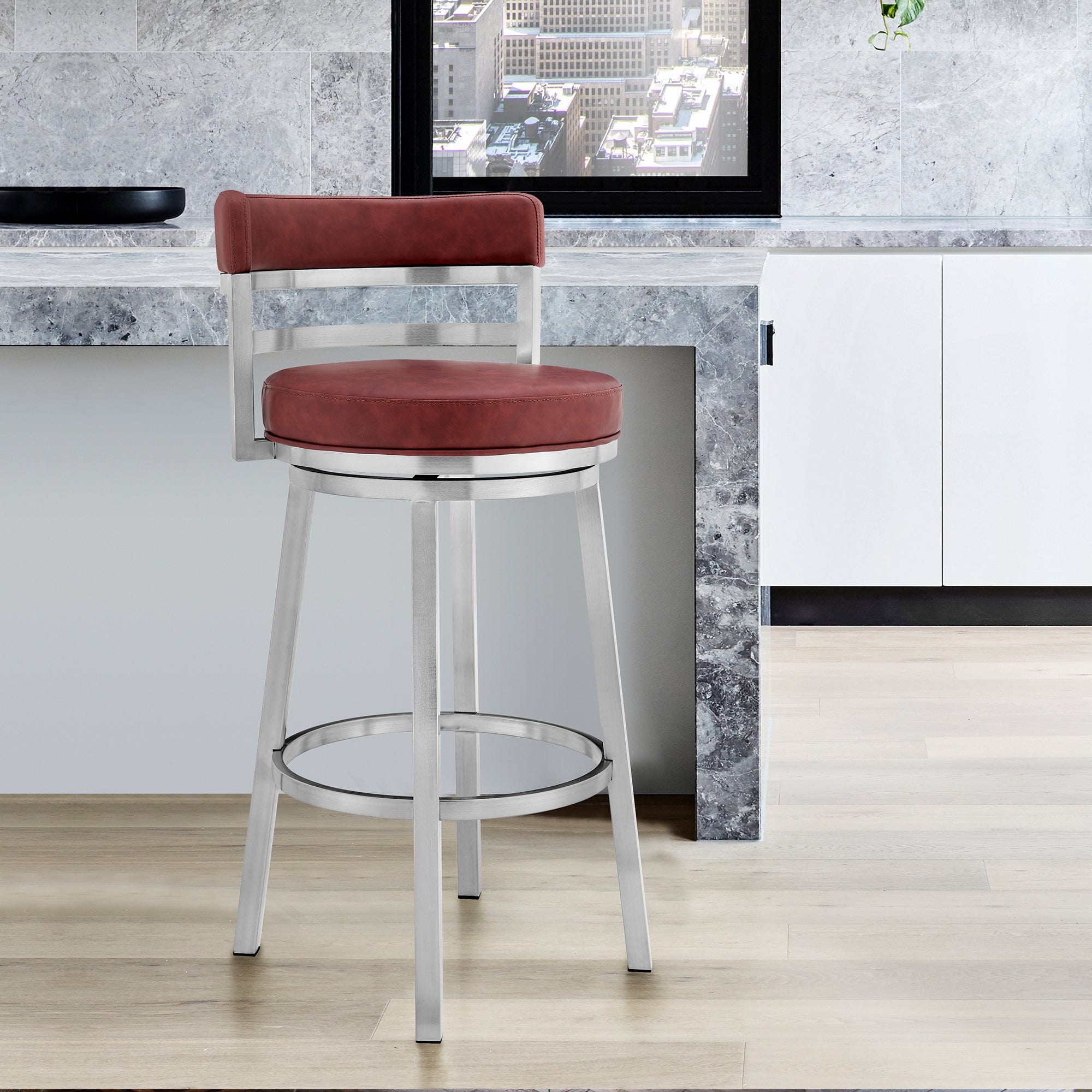 Armen Living Barstool Armen Living | Madrid 26" Counter Height Swivel Red Faux Leather and Brushed Stainless Steel Bar Stool | LCMABABSRED26