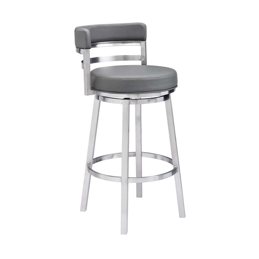 Armen Living Barstool Armen Living | Madrid 30" Bar Height Swivel Grey Faux Leather and Brushed Stainless Steel Bar Stool | LCMABABSGR30