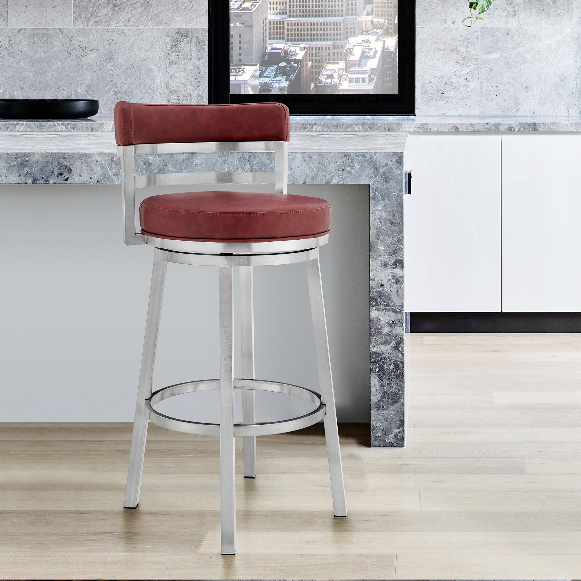 Armen Living Barstool Armen Living | Madrid 30" Bar Height Swivel Red Faux Leather and Brushed Stainless Steel Bar Stool | LCMABABSRED30