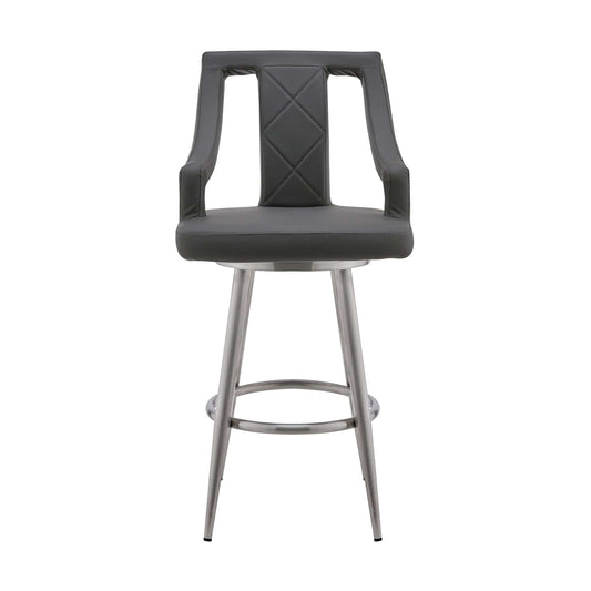 Armen Living Barstool Armen Living - Maxen 30" Gray Faux Leather and Brushed Stainless Steel Swivel Bar Stool | LCMXBABSGR30