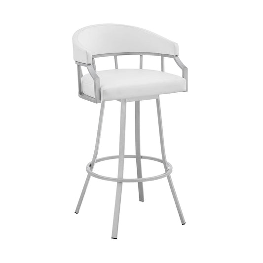 Armen Living Barstool Armen Living | Palmdale 30" Swivel White Faux Leather and Silver Metal Bar Stool | 795044878165