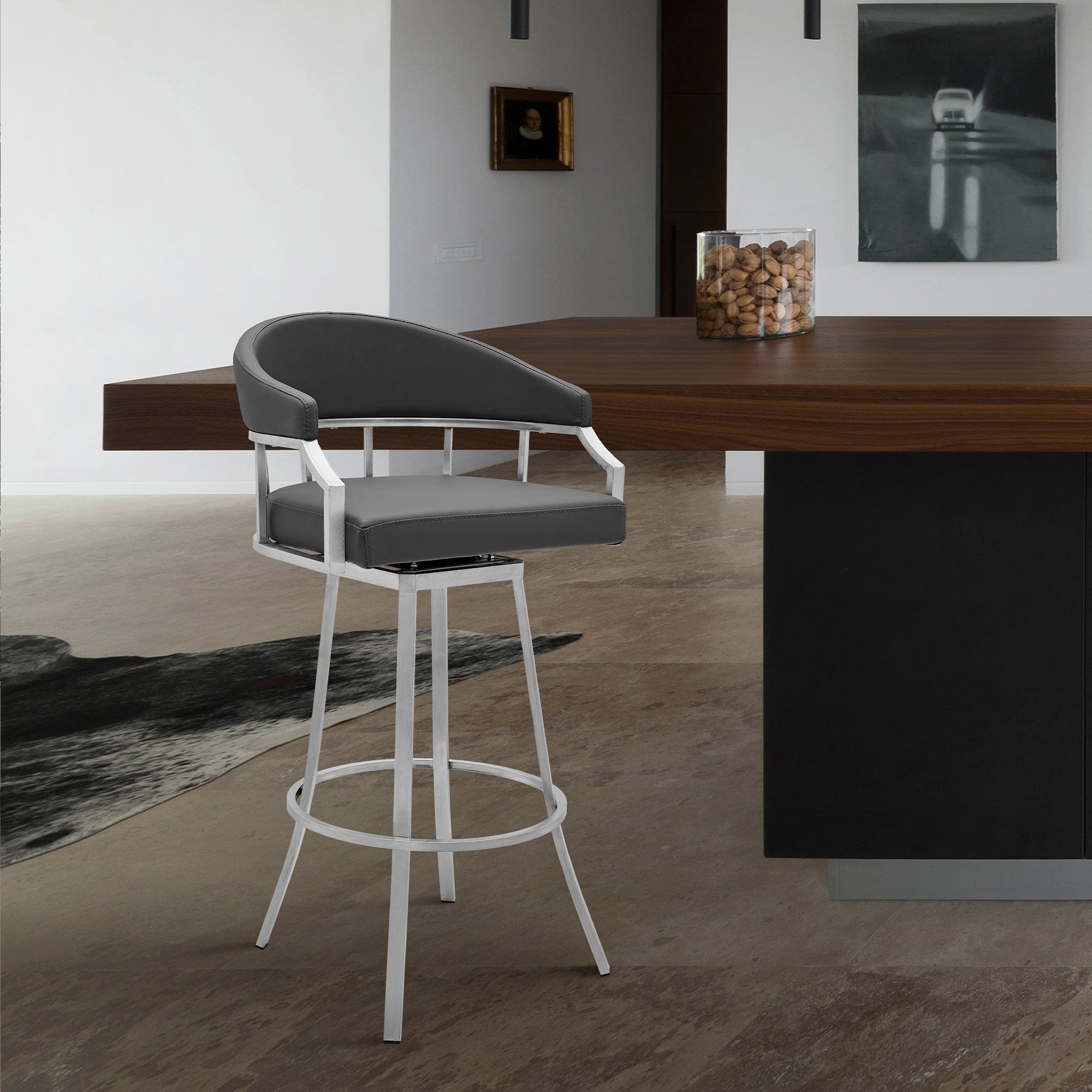 Armen Living Barstool Armen Living | Palmdale Swivel Modern Faux Leather Bar and Counter Stool in Brushed Stainless Steel Finish | 721535752188