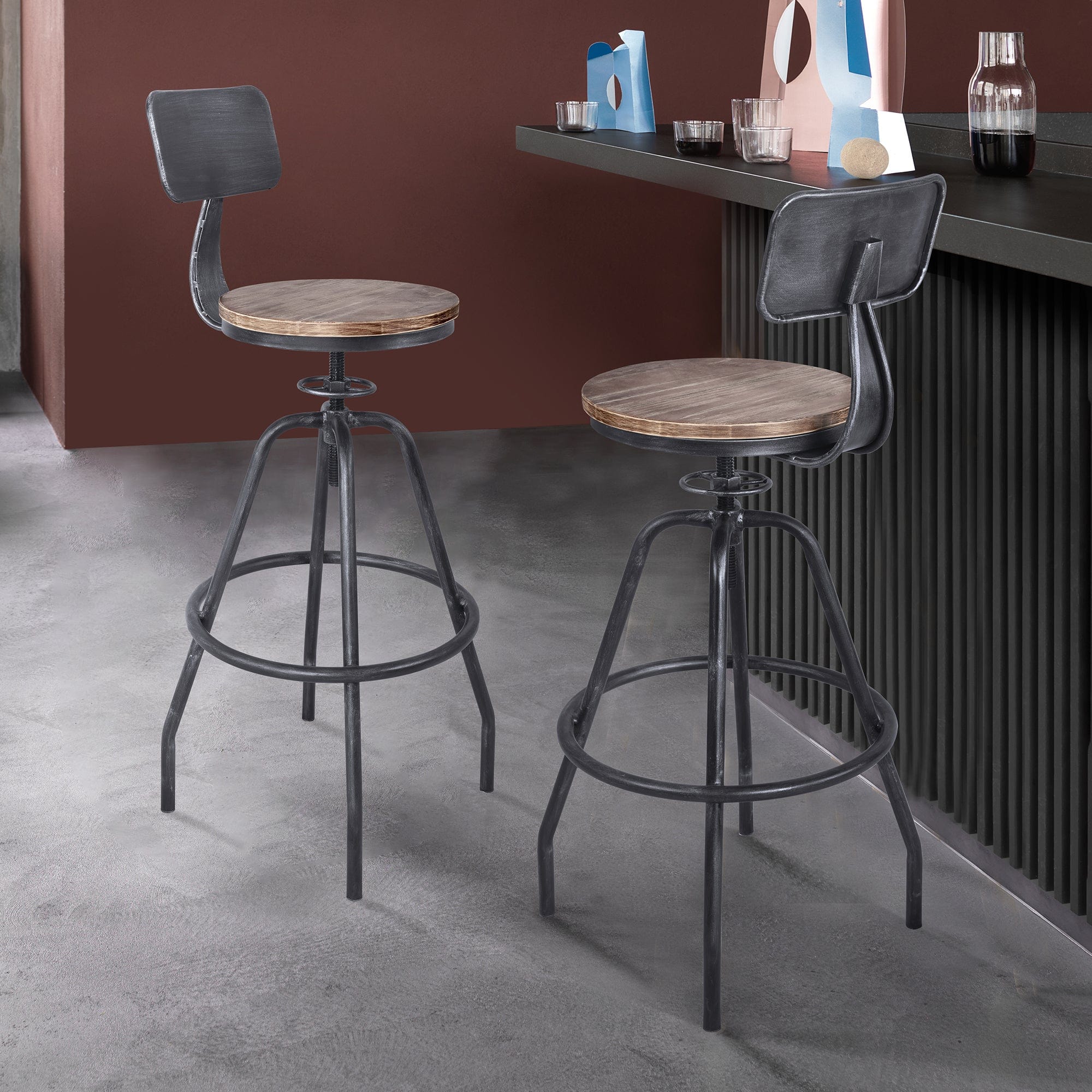 Armen Living Barstool Armen Living - Perlo Industrial Adjustable Barstool in Industrial Gray and Pine Wood | LCPESTSBPI