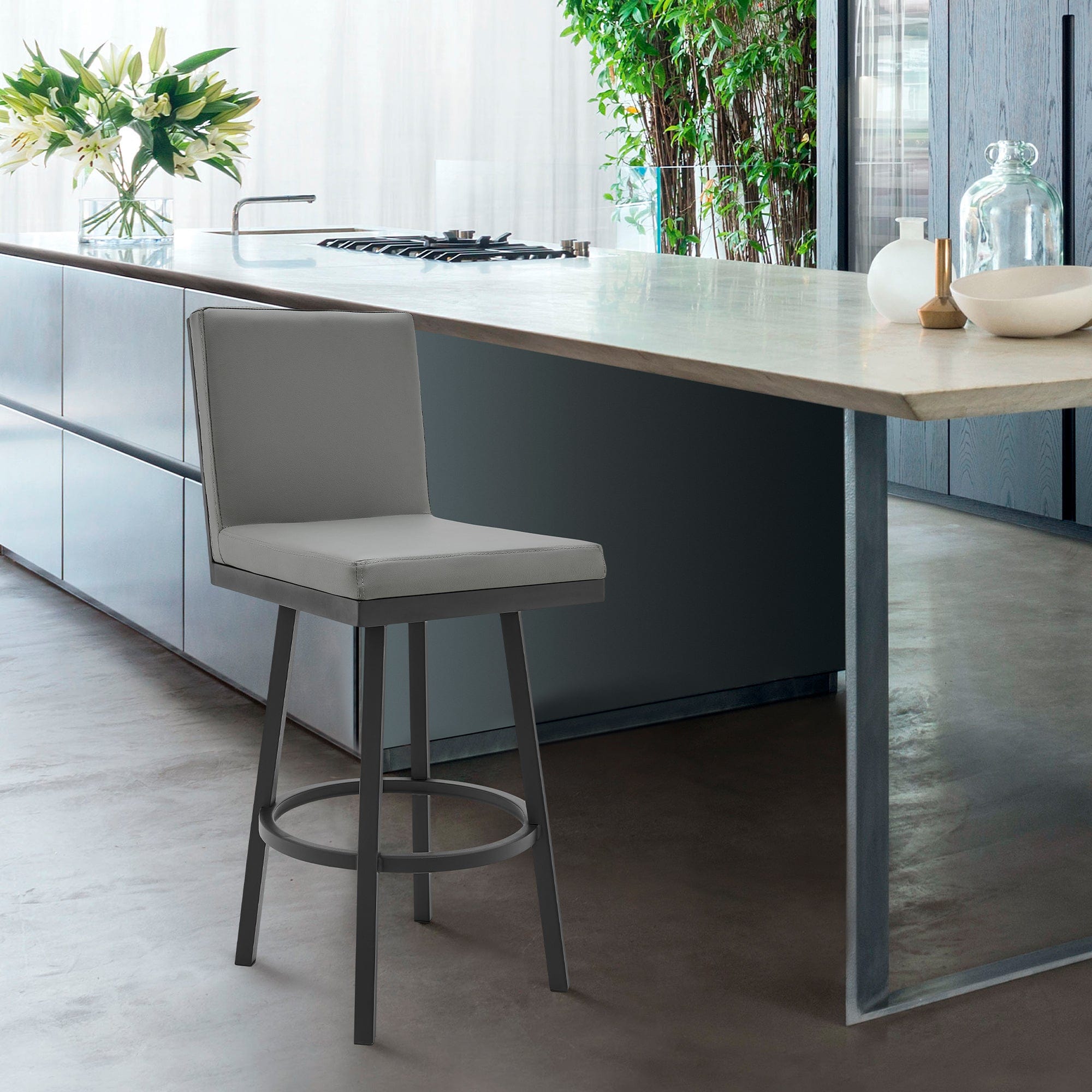 Armen Living Barstool Armen Living | Rochester Swivel Modern Metal and Gray Faux Leather Bar and Counter Stool | 721535752164