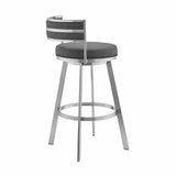 Armen Living Barstool Armen Living - Roman 26" Gray Faux Leather and Brushed Stainless Steel Swivel Bar Stool | LCRMBABSGR26