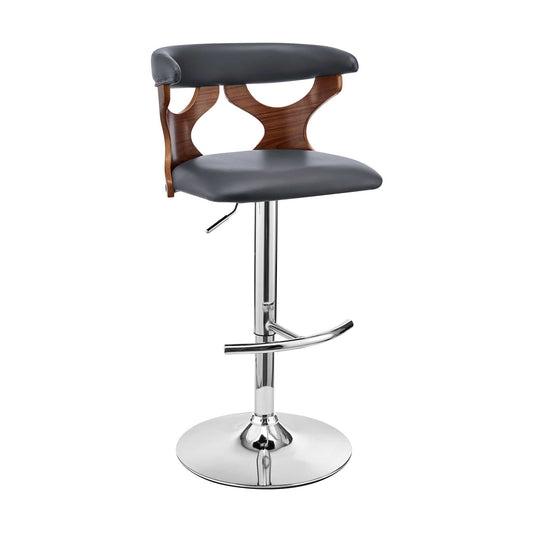 Armen Living Barstool Armen Living | Ruth Adjustable Swivel Grey Faux Leather and Walnut Wood Bar Stool with Chrome Base | LCRTBAWAGR