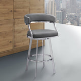 Armen Living Barstool Armen Living | Saturn 30" Bar Height Swivel Grey Faux Leather and Brushed Stainless Steel Bar Stool | LCSNBABSGR30