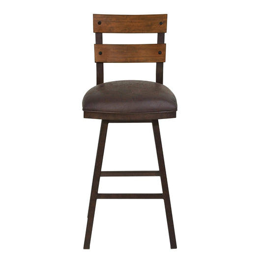 Armen Living Barstool Armen Living | Saugus 26" Counter Height Metal Swivel Barstool in Bandero Espresso Fabric and Auburn Bay Finish with Walnut Wood Back | LCSABAES26