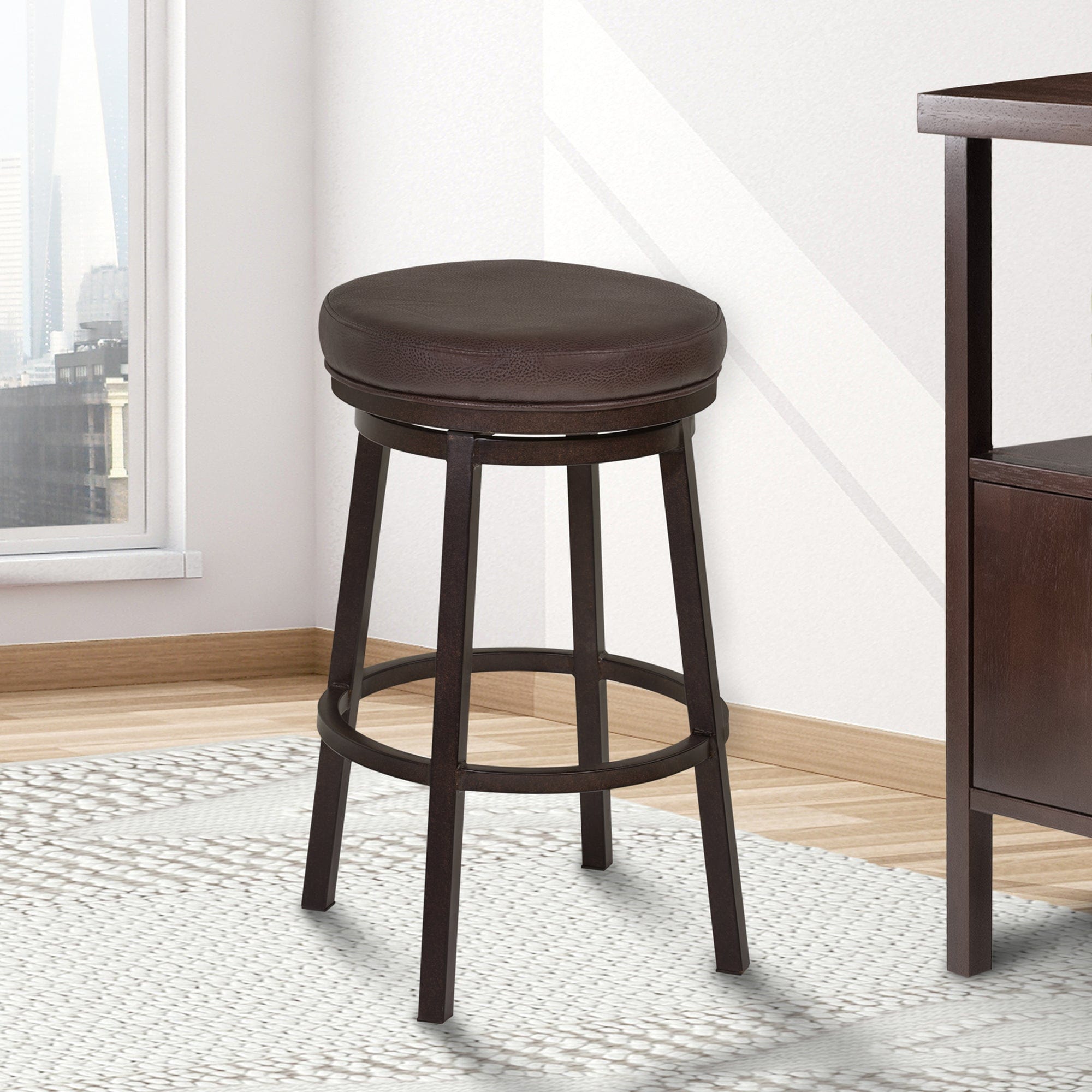Armen Living Barstool Armen Living | Tilden 26" Counter Height Metal Swivel Backless Barstool in Ford Brown Faux Leather and Auburn Bay Finish | LCTIBABR26