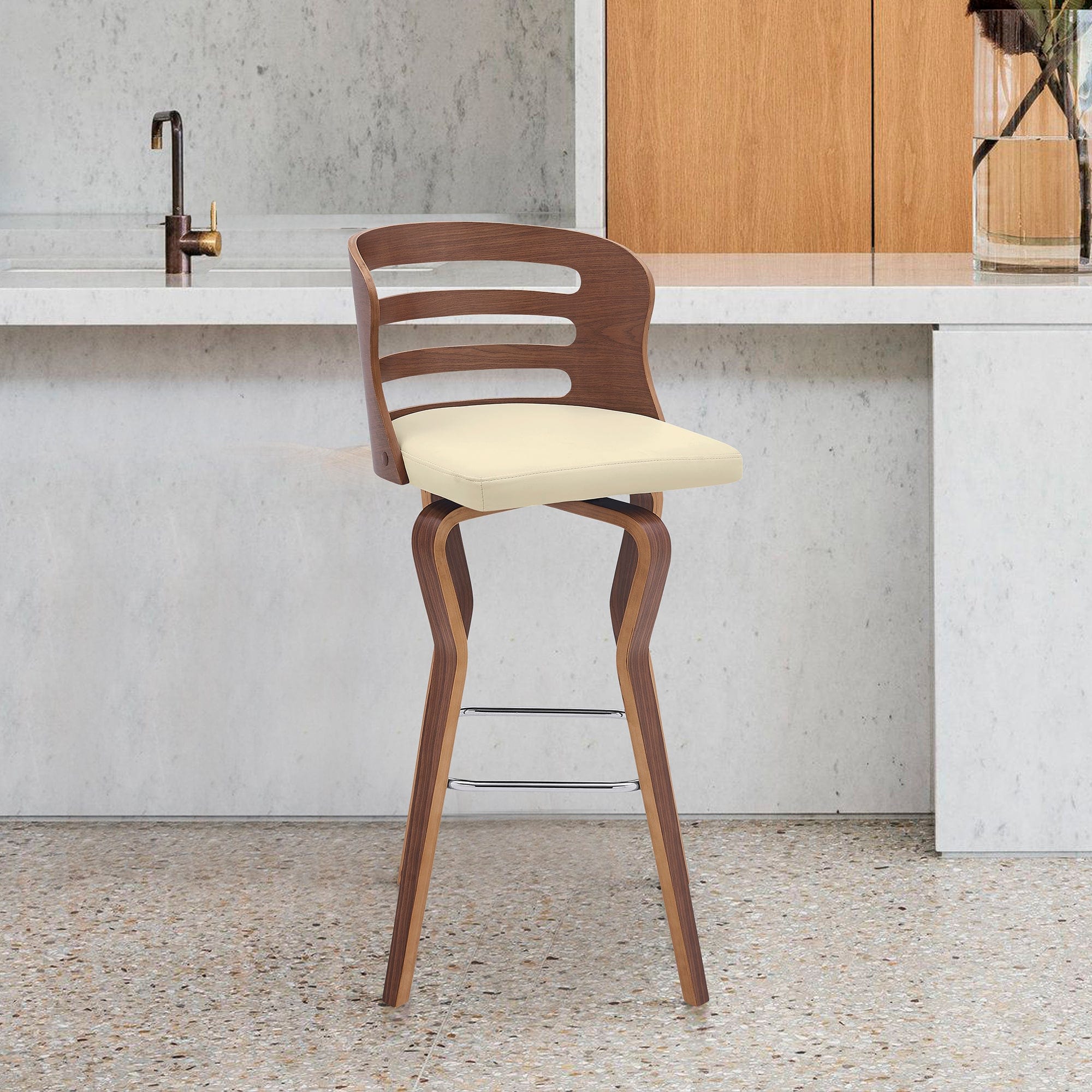 Armen Living Barstool Armen Living | Verne 26" Swivel Cream Faux Leather and Walnut Wood Bar Stool | LCVRBAWACR26