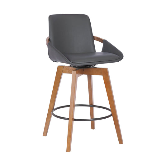 Armen Living Barstool Gray Leather and Walnut Wood Swivel Bar Stool Armen Living - Baylor 26" Gray Faux Leather and Walnut Wood Swivel Bar Stool | LCBABAWAGR26