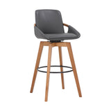 Armen Living Barstool Gray Leather and Walnut Wood Swivel Bar Stool Armen Living - Baylor 30" Gray Faux Leather and Walnut Wood Swivel Bar Stool | LCBABAWAGR30