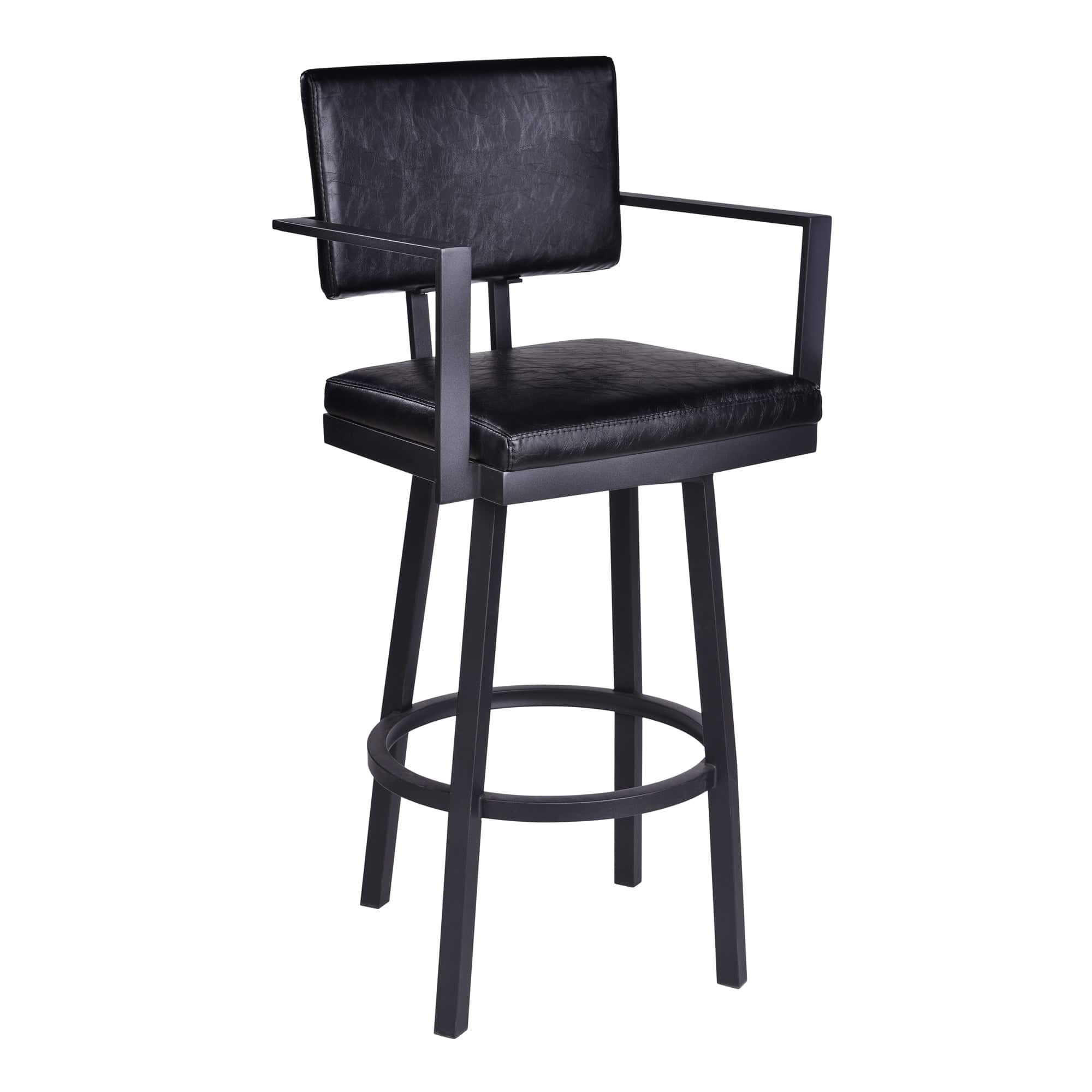 Armen Living Barstool Vintage Black Faux Leather and Metal Bar Stool with Arms Armen Living - Balboa 26" Counter Height Swivel Vintage Black Faux Leather and Metal Bar Stool | LCBBBABLVB26